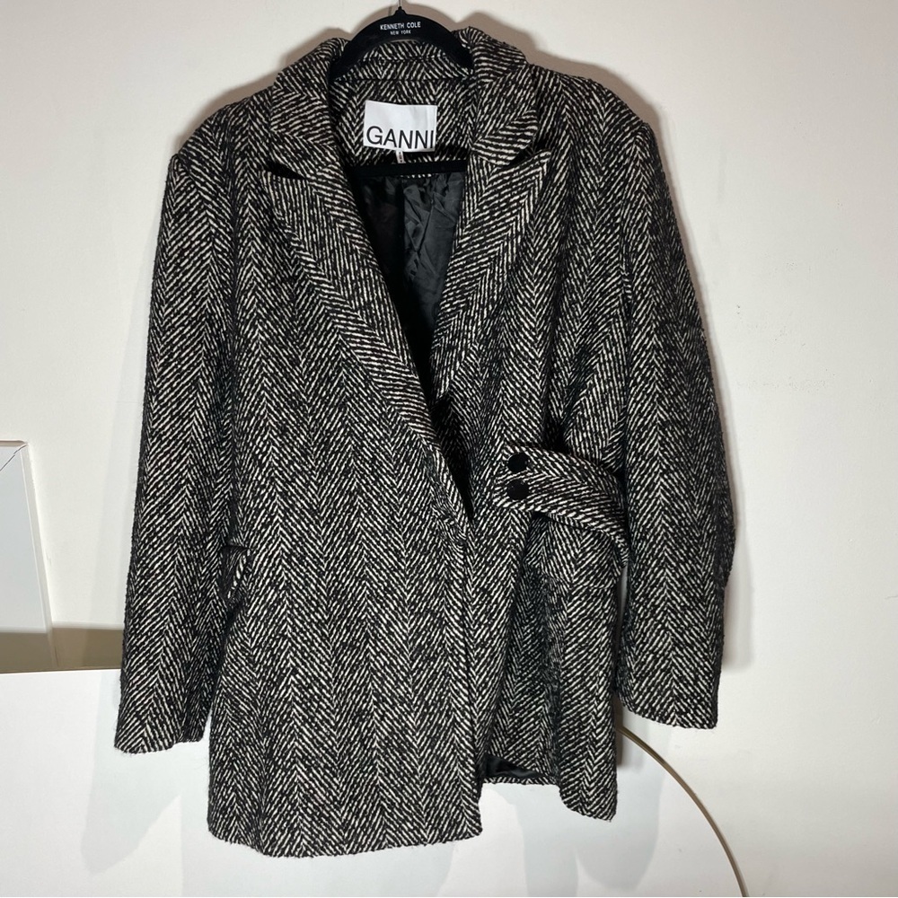 Ganni Black and White Herringbone wool jacket
